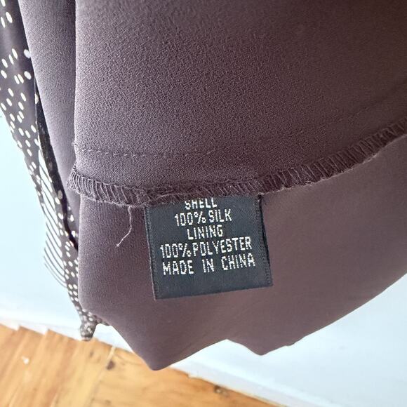 Adrianna Papell Silk Faux Wrap Dress Brown Polka Dot Pleated Sleeves Size 10 - Picture 4 of 10